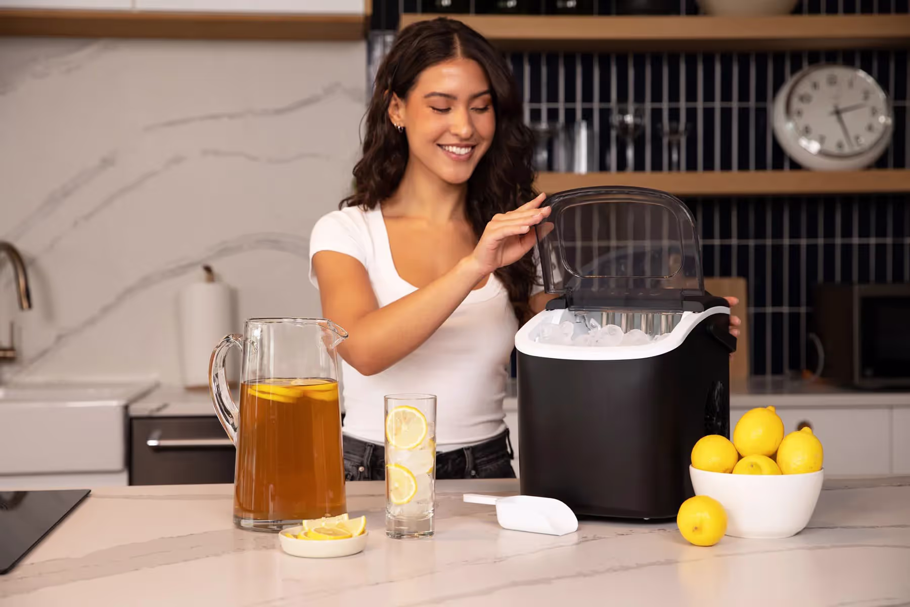 a woman with an ice machine